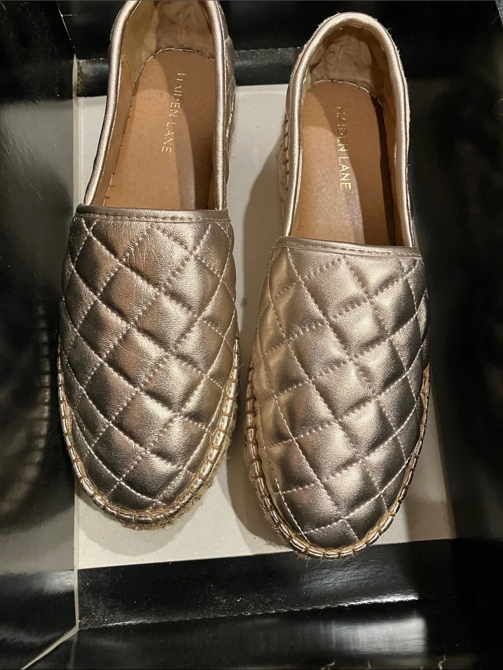 Quilted Metallic Espadrille Slip-Ons in Rose Gold